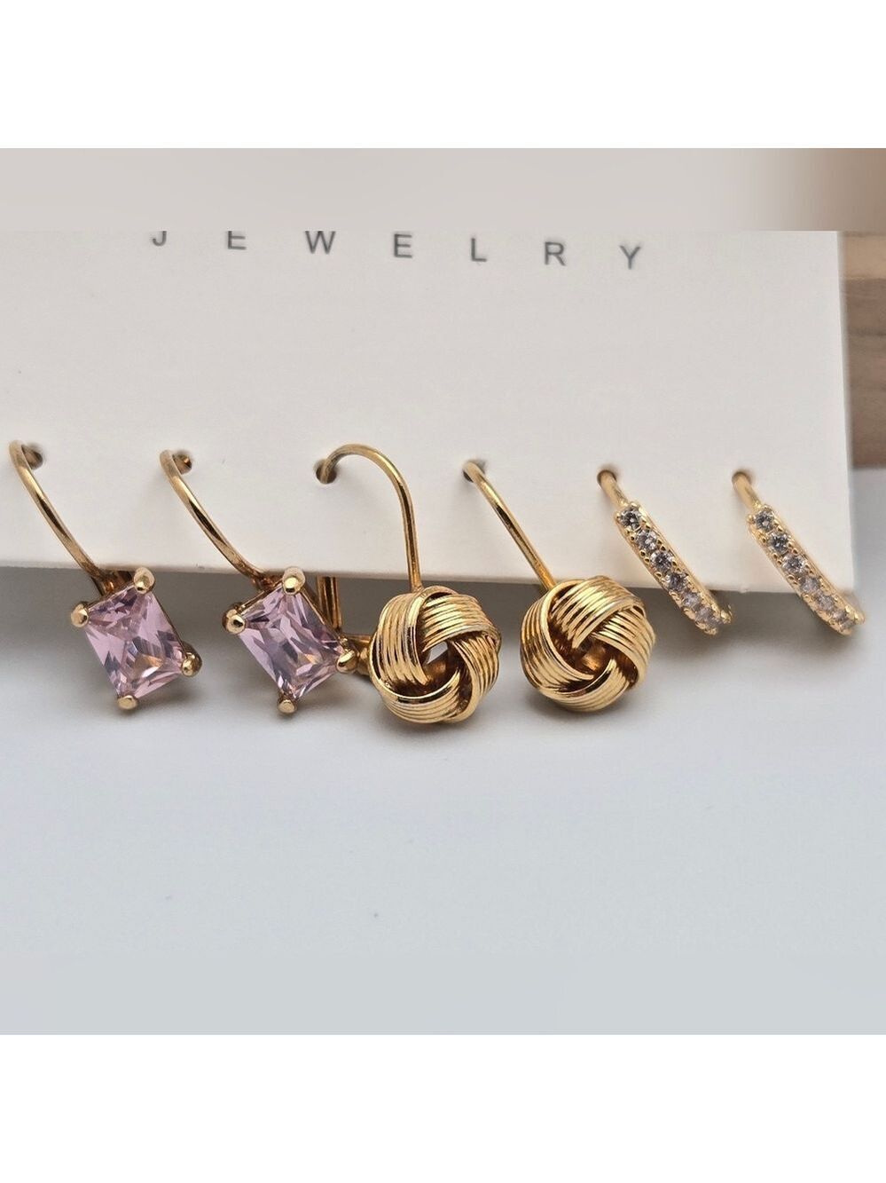 Gold-Tone Stud & Hoop Earring Set Knot, Purple Stone & Rhinestones 3/4”